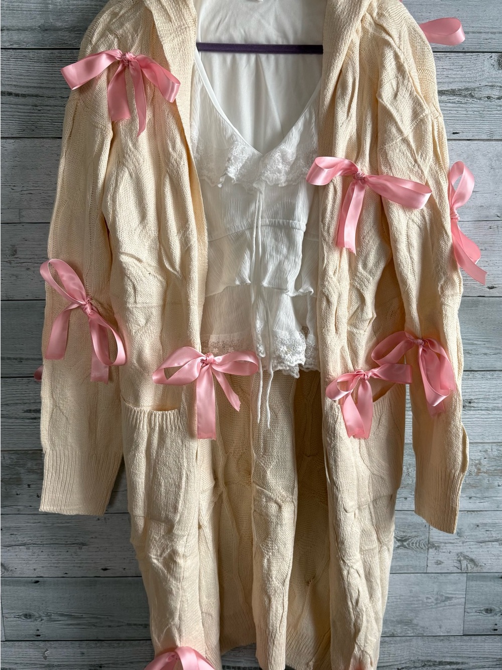 Cream sweater Cardigan with Pink Bows